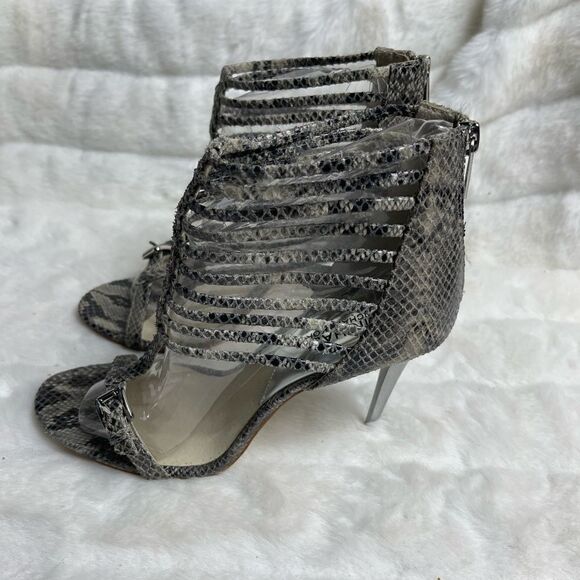 Michael Kors leather snake skin print beige and gray cage T Straps heels size9M - Picture 1 of 8
